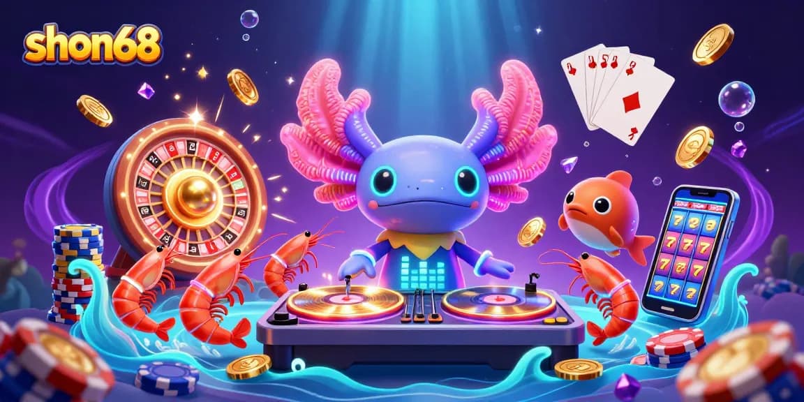 Experience the lively shon68 casino scene with dancing axolotl DJ and vibrant game elements.