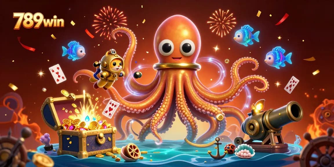 Engage with 789win's 3D casino adventure featuring a golden kraken and diving cat.