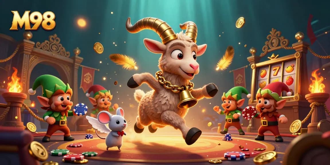 M98 showcases a thrilling holiday-horror casino scene with Krampus, a mouse, and gremlins stealing chips.