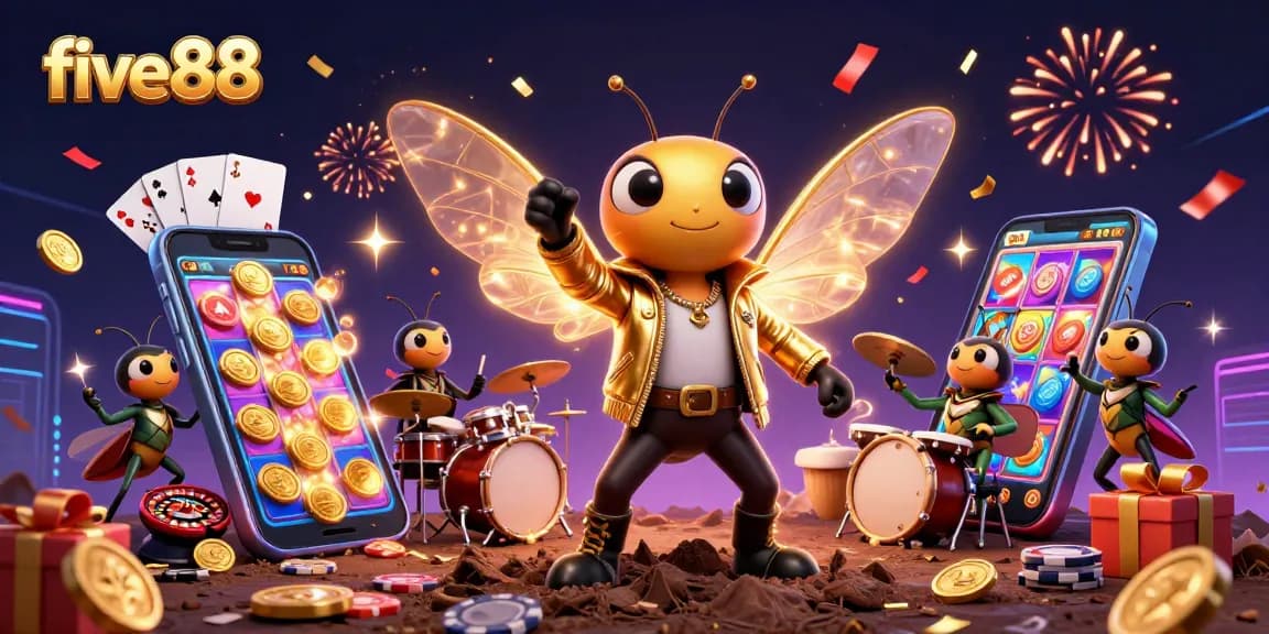 Experience excitement at five88 with a vibrant illustration showcasing a cicada rock star and casino elements.