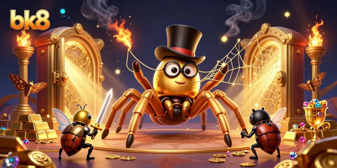 Engage with bk8's vibrant casino scene featuring a golden tarantula and beetle knight amidst treasures.