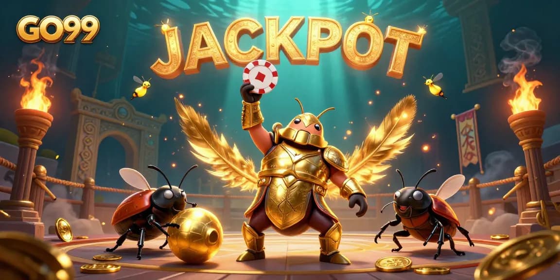 GO99's playful scene reveals a beetle hero lifting a poker chip, celebrating big wins.