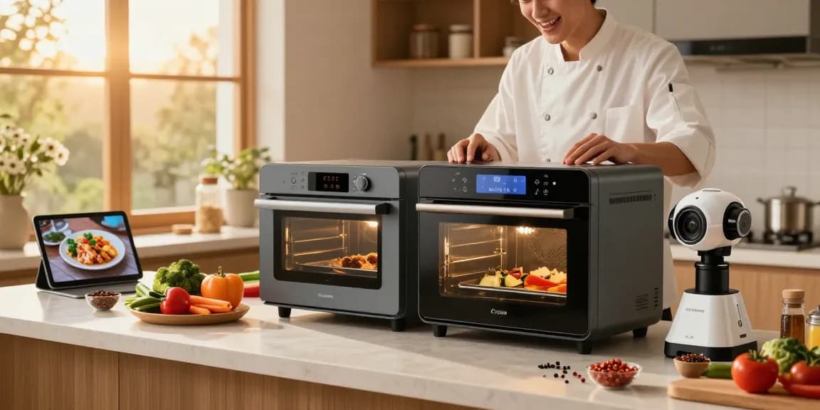 AI cooking gadgets in action during a vibrant home cooking scene, showcasing innovative kitchen technology.