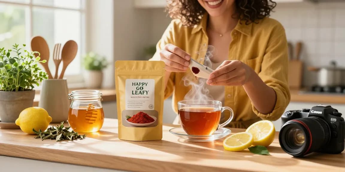 Happy Go Leafy brand's Red Vein Thai Kratom featured in a soothing kitchen tea preparation scene, highlighting wellness.