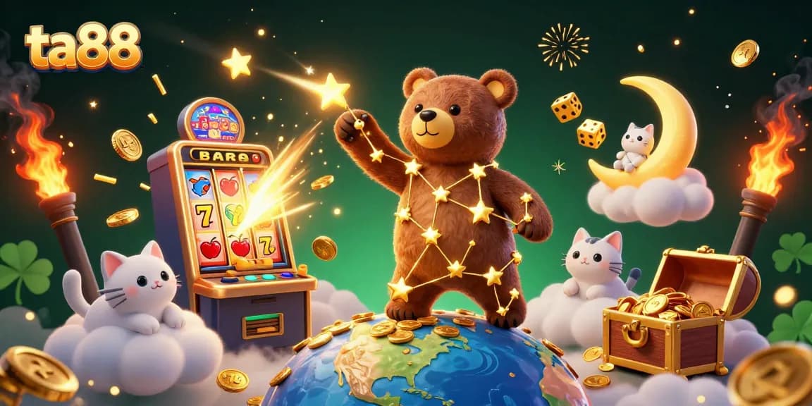 Win big at ta88 with a vibrant 3D casino scene featuring a jackpot slot machine, stars, and golden treasures.