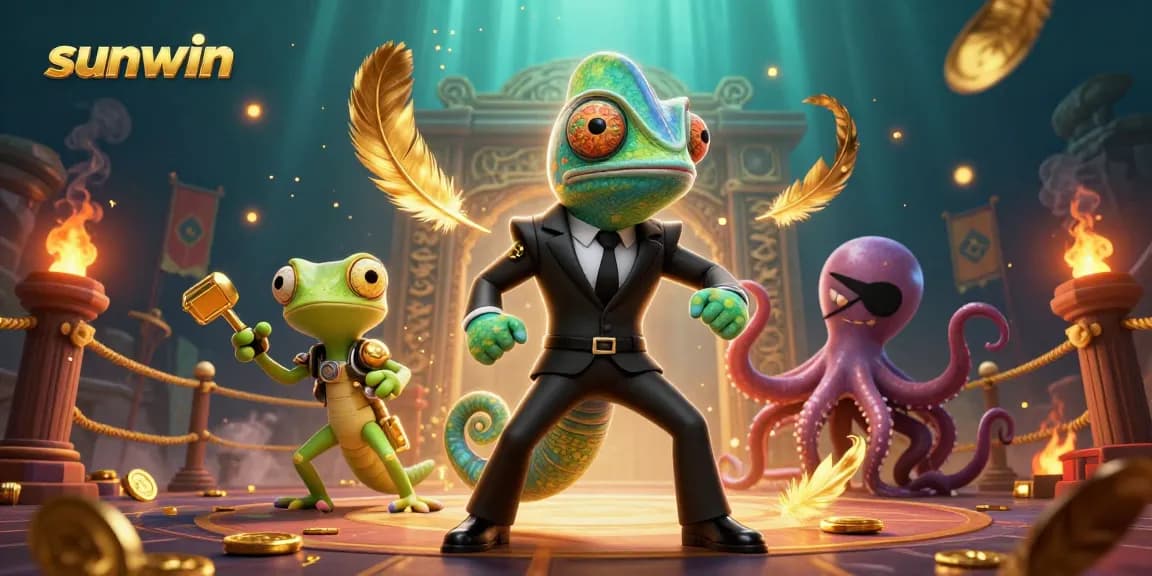 Bet big with sunwin featuring a secret agent chameleon and a tech-gecko amidst vibrant casino action.