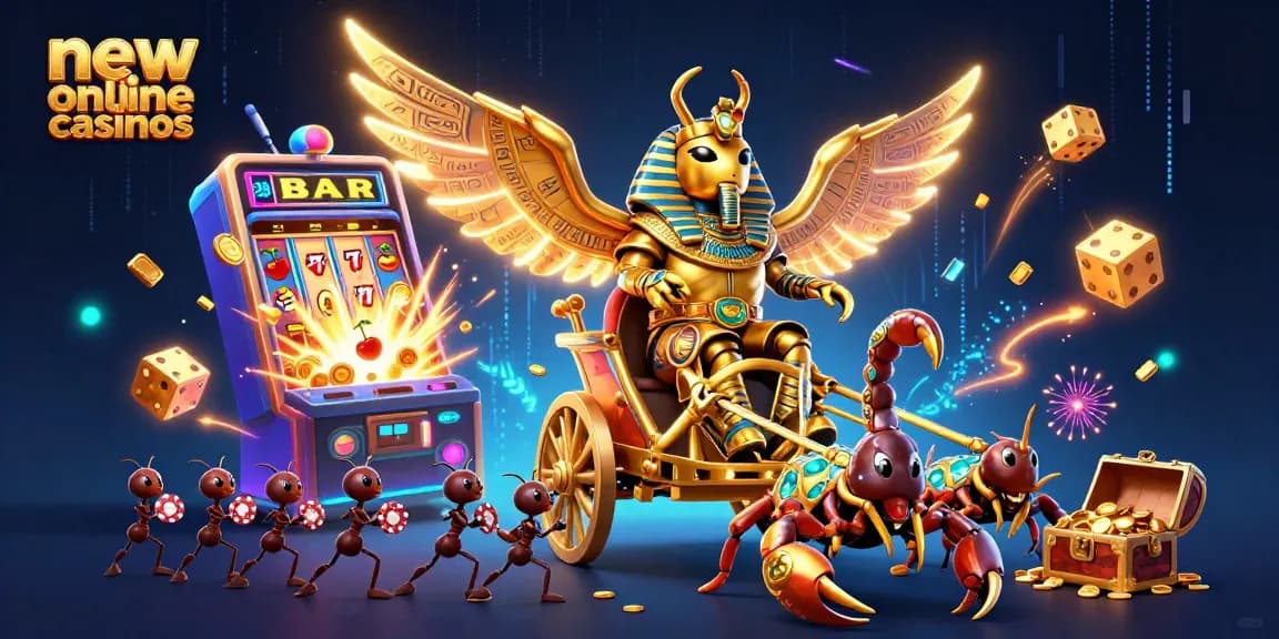 Experience the thrill of new online casinos with a dynamic 3D casino scene featuring golden beetles and awards.