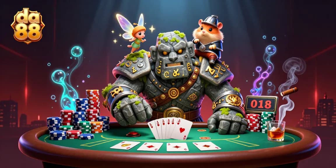 Experience action at da 88 casino with a lively scene featuring magical characters and poker elements.