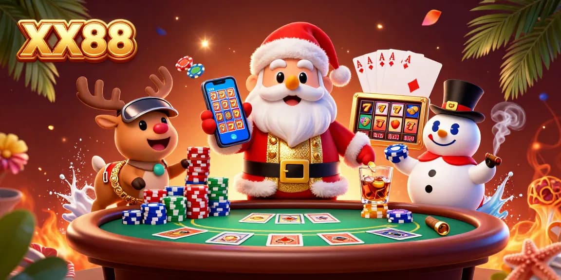 Spin the reels at XX88 with Santa, poker chips, and a festive casino scene!