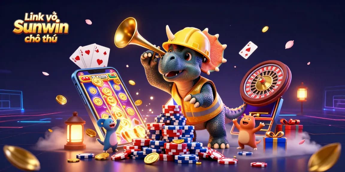 Engage in excitement with Link vào Sunwin chính thức, as a triceratops builds poker chip pyramid amidst animated celebration.