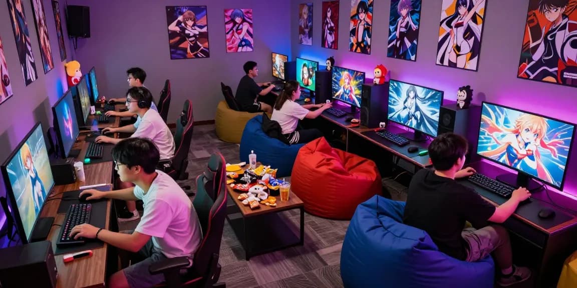Friends enjoying a lively gaming session with popular hentai games in a vibrant gaming lounge