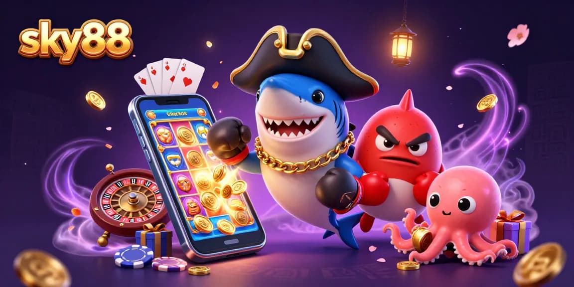 Experience thrilling gameplay at sky88 with our vibrant cartoon scene featuring a pirate shark and friends.
