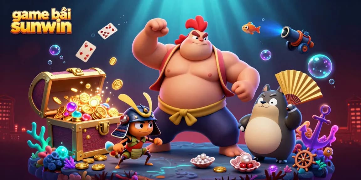 Experience the excitement of game bài sunwin with a dynamic scene featuring a sumo wrestler, samurai cricket, and casino elements.
