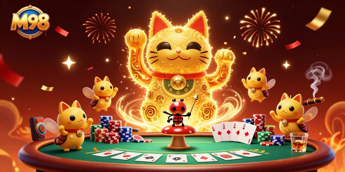 M98 players enjoying a lively poker scene with a giant lucky cat made from fireflies.