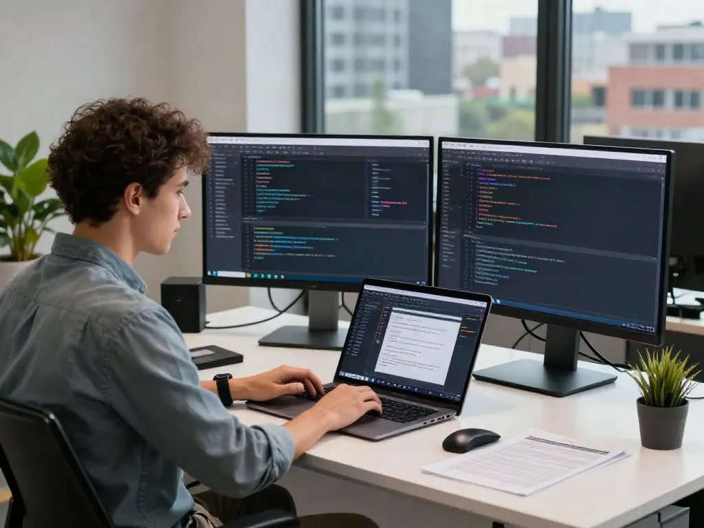 Software engineer showcasing instant indexing solutions in a modern workspace.