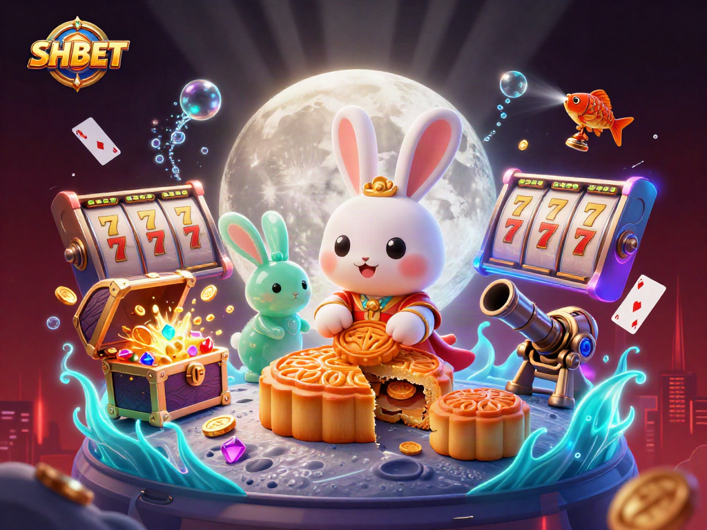 SHBET shows a captivating scene of winning poker chips and slot reels amidst a whimsical lunar backdrop.