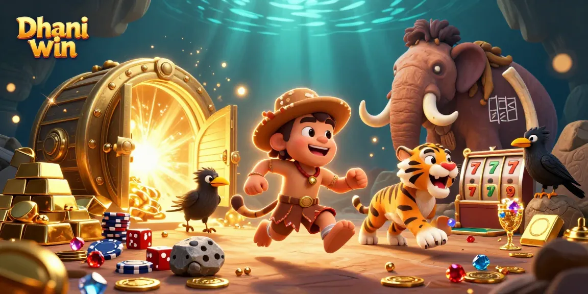 Dive into thrilling games at Dhani win with a vibrant prehistoric casino scene, highlighting excitement and treasure.