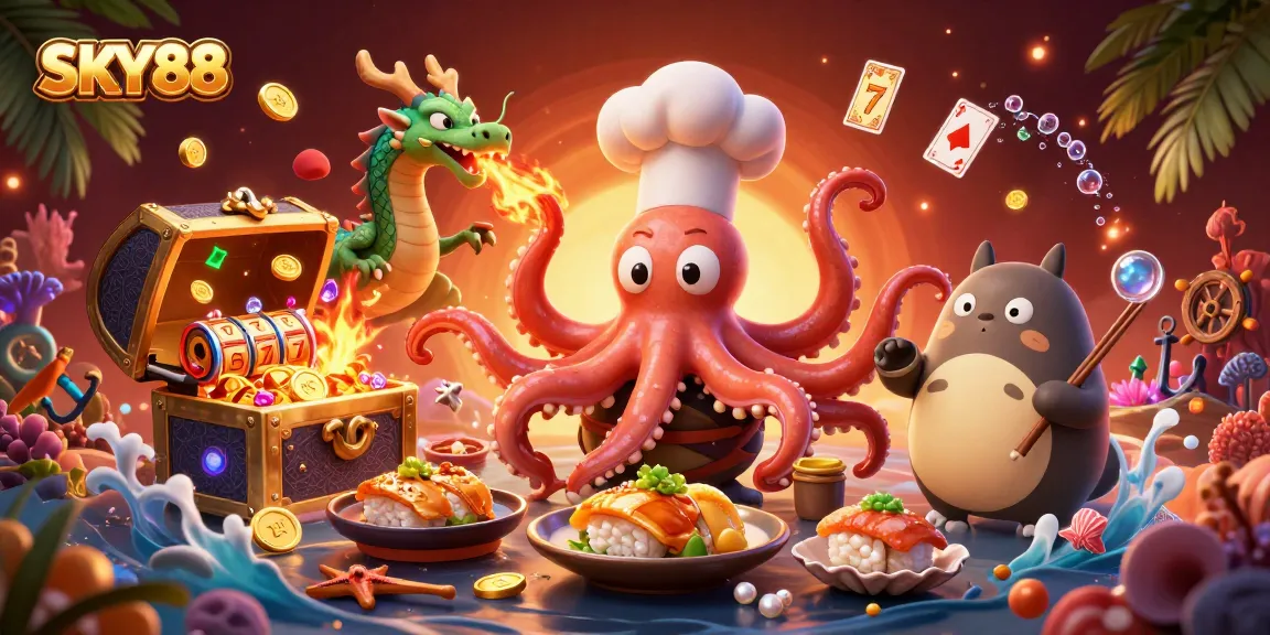 Bet and win with SKY88, where a culinary-themed casino adventure meets vibrant slot machines and treasures.