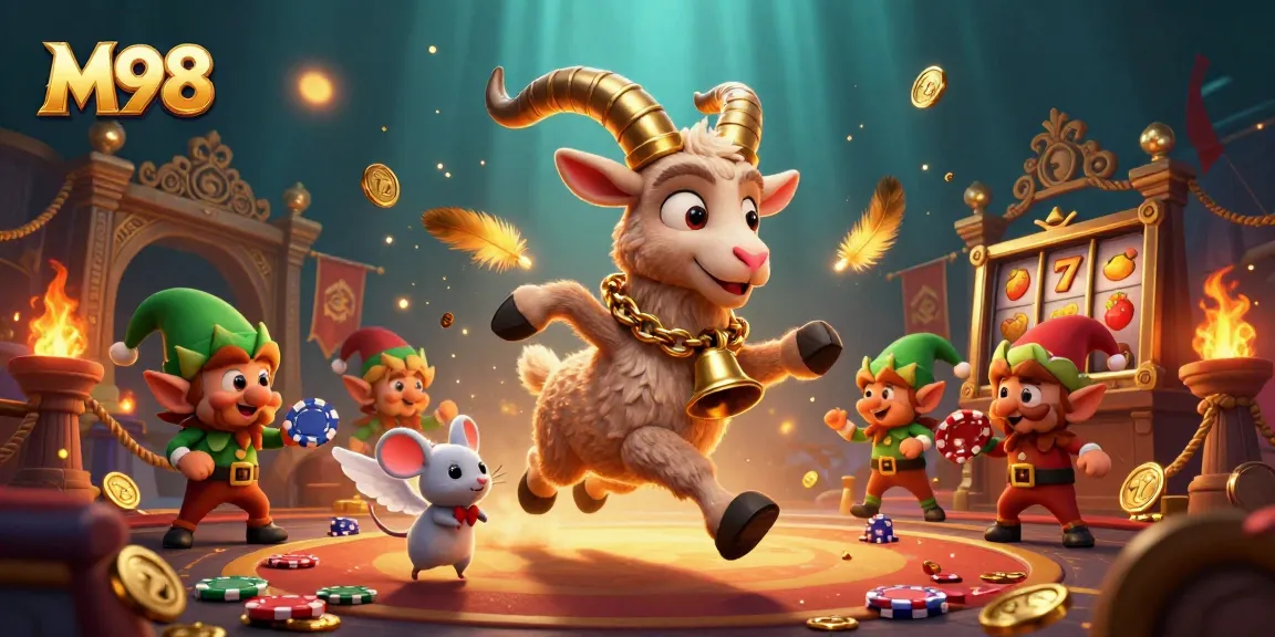 M98 showcases a thrilling holiday-horror casino scene with Krampus, a mouse, and gremlins stealing chips.