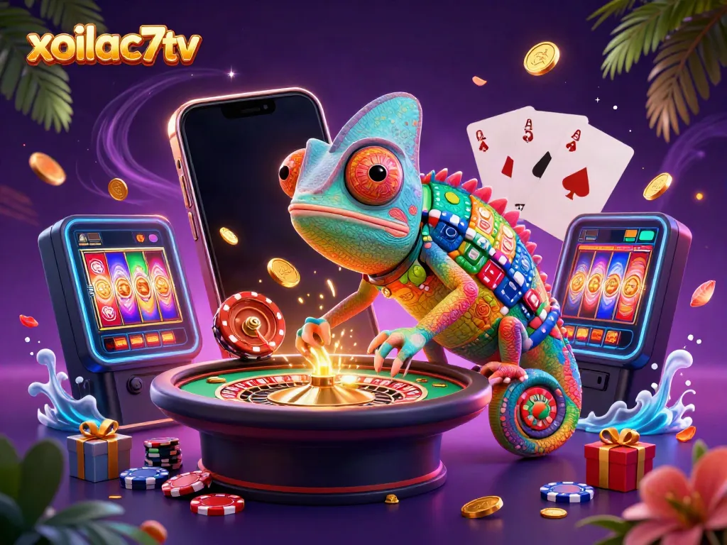Engage with xoilac7tv's lively gambling scene featuring a colorful chameleon and dynamic gaming elements.