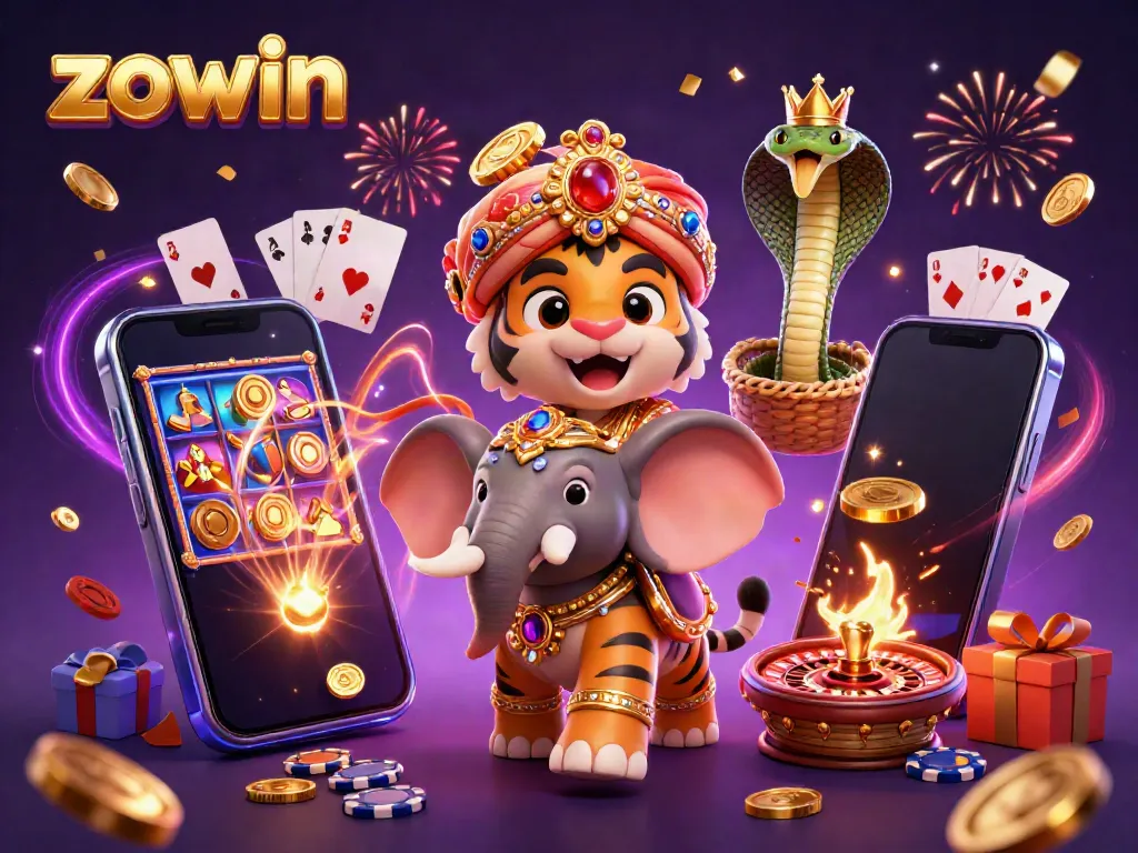 Engage in vibrant casino fun with zowin, featuring a royal tiger and elephant set amidst games and festive energy.