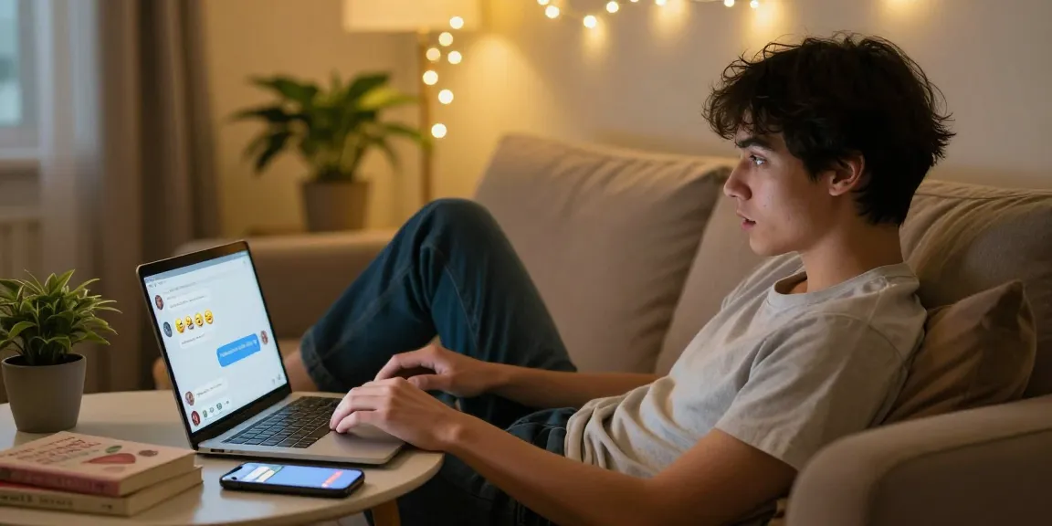 Engaging in an AI sex chat on a laptop in a cozy room with warm lighting and romance novels.