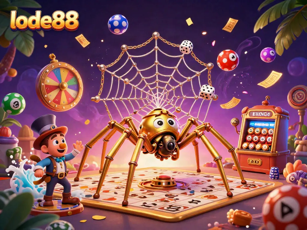 Experience thrilling gameplay with lode88's vibrant lottery scene featuring a steampunk spider and animated prizes.