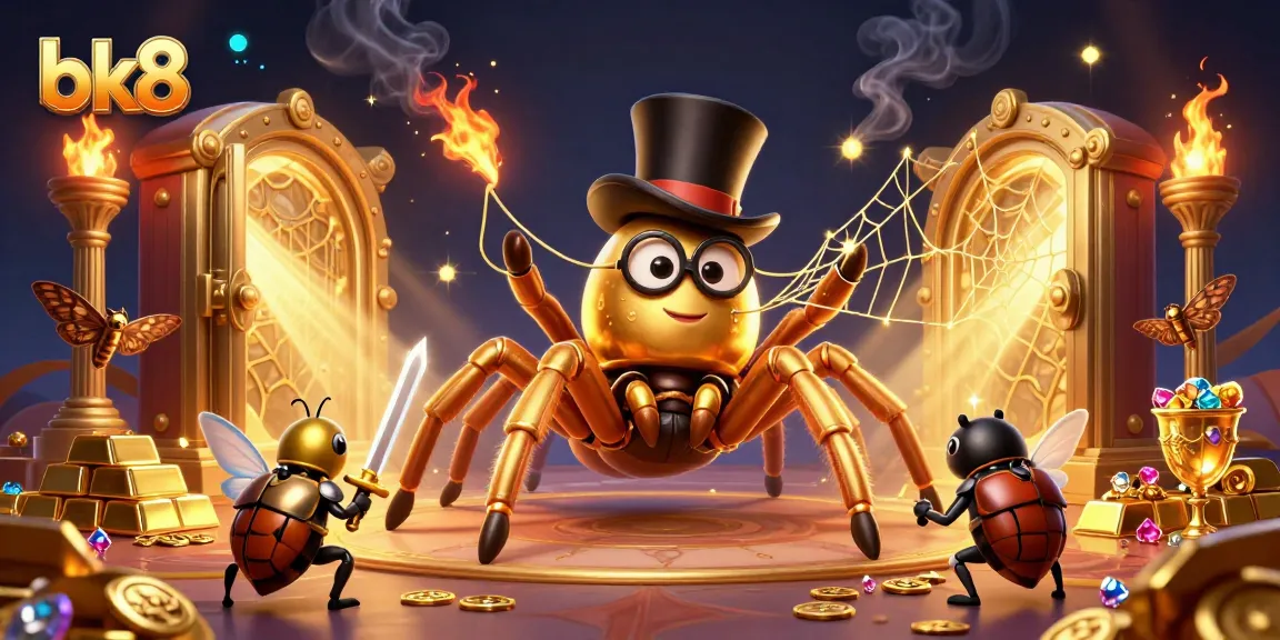 Engage with bk8's vibrant casino scene featuring a golden tarantula and beetle knight amidst treasures.