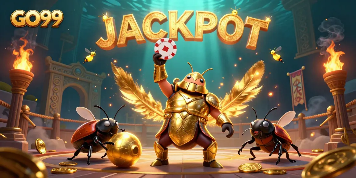 GO99's playful scene reveals a beetle hero lifting a poker chip, celebrating big wins.