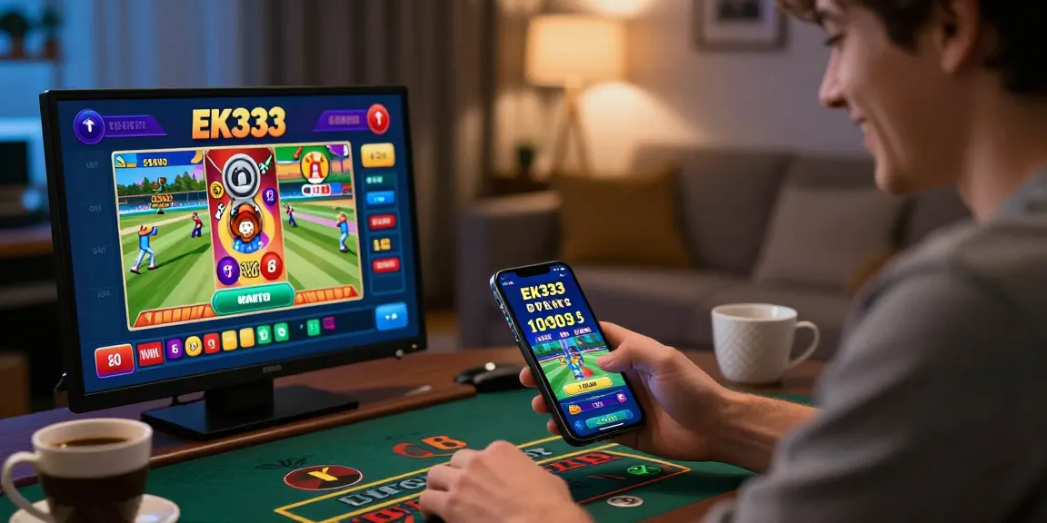 Engaging EK333 betting scene with user on mobile, showing excitement in a cozy setting.