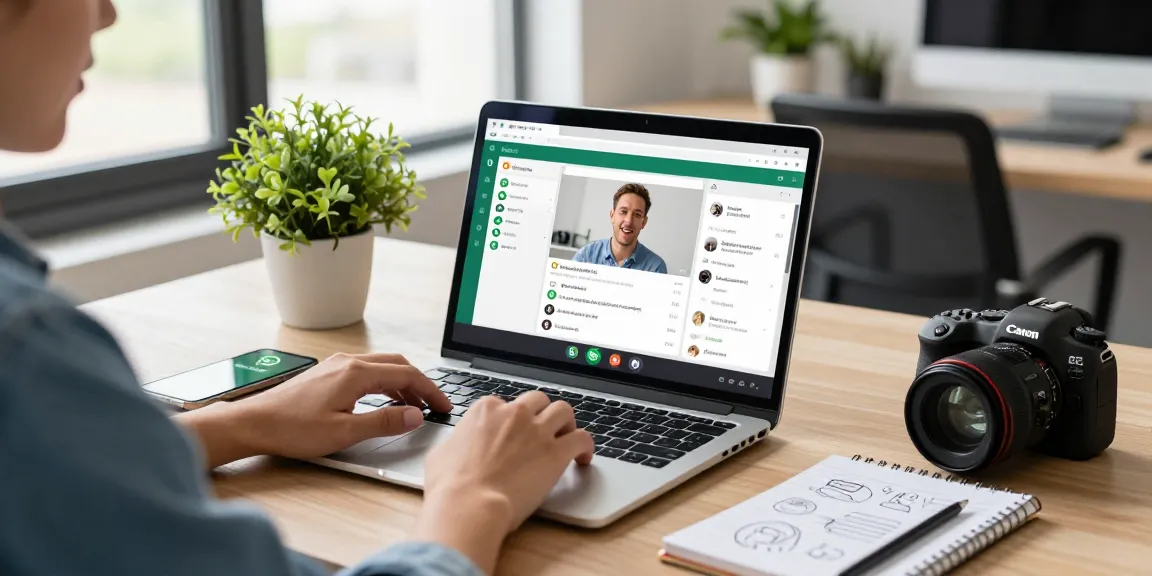 Person engaging with WhatsApp電腦版 on a modern desktop with video call interface and organized workspace.