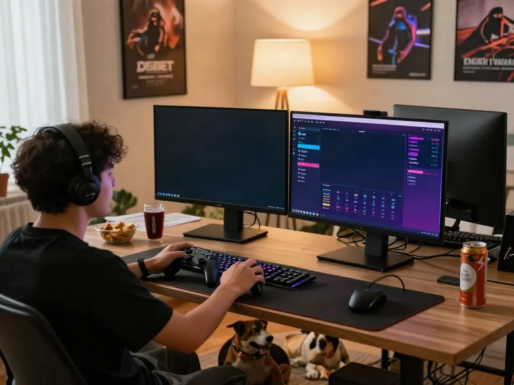 Online gaming experience with DEBET platform on dual monitors, cozy home setting.