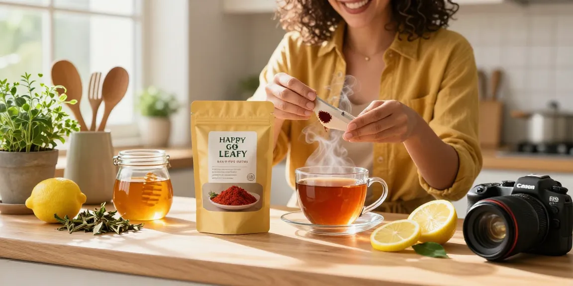 Happy Go Leafy brand's Red Vein Thai Kratom featured in a soothing kitchen tea preparation scene, highlighting wellness.