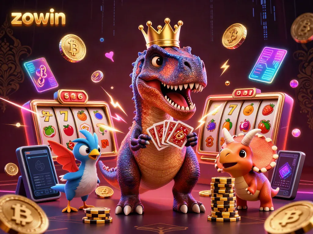 Engage in thrilling slots with Zowin's T-Rex dealer, vibrant cards and jackpot symbols.