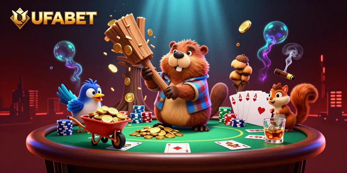 Win big with UFABET's vibrant casino scene featuring a beaver and friends collecting riches.