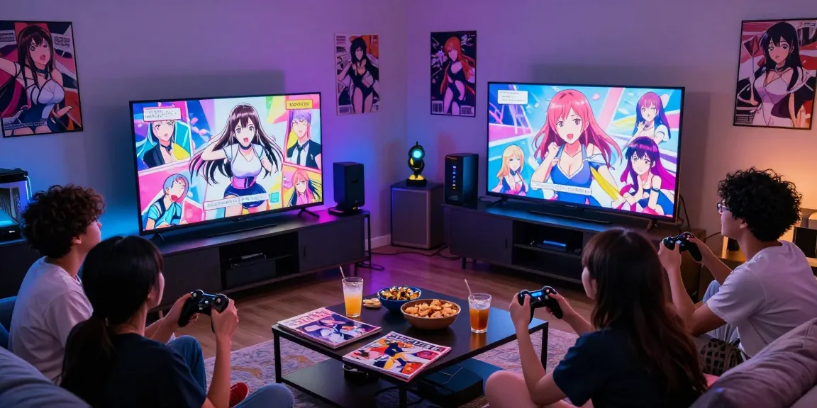 Friends playing an ecchi game in a cozy living room, surrounded by snacks and gaming gear.
