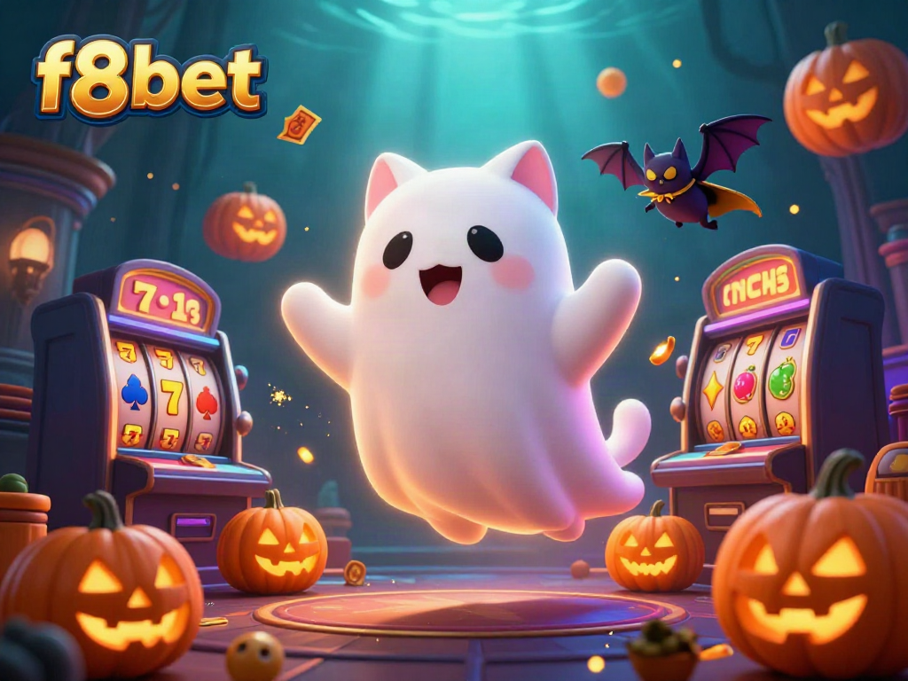 Experience f8bet's thrilling world with a ghost cat and vampire bat in a haunted casino.