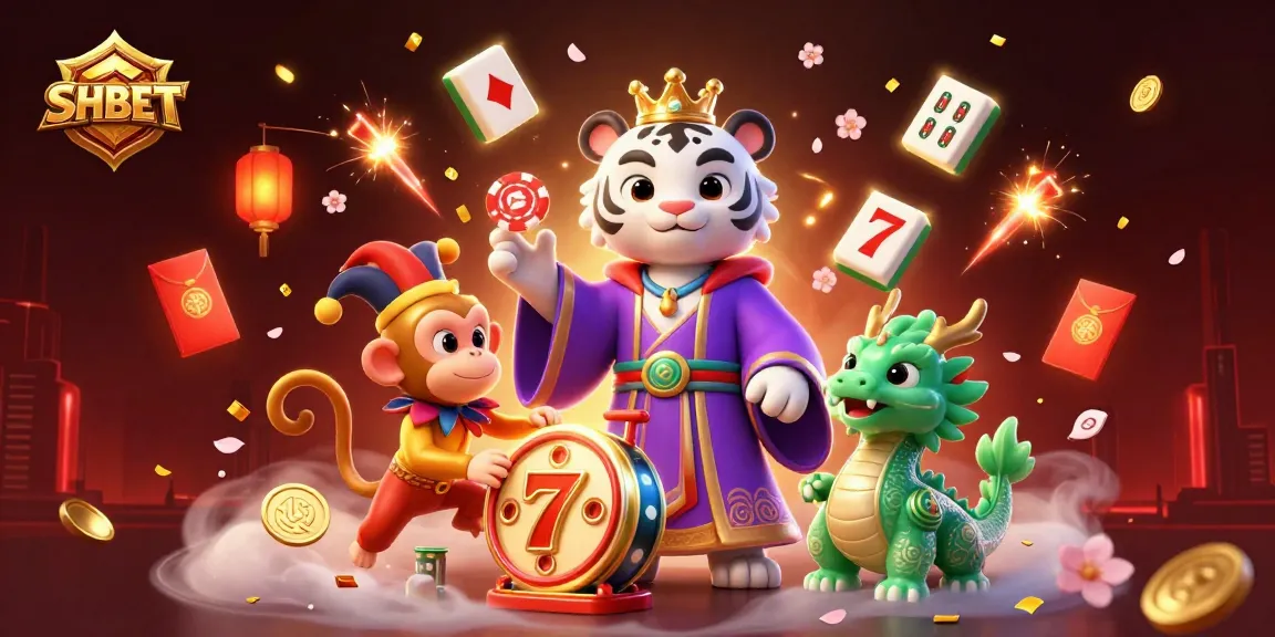 Experience excitement with SHBET's vibrant casino illustration showcasing a lucky tiger, jester monkey, and jade dragon