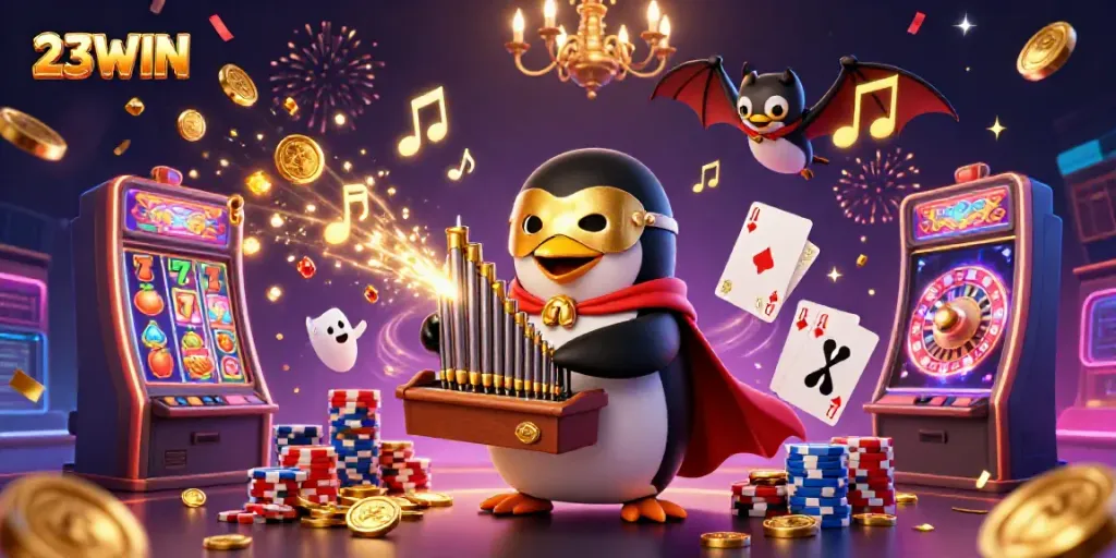 Experience the thrill of 23WIN with a dynamic casino illustration showcasing vibrant games and exciting elements.