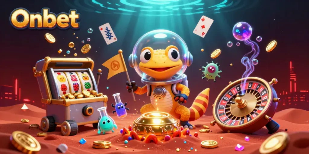 Onbet gaming scene with a Martian gecko and slot machines lighting up the rich Mars landscape.