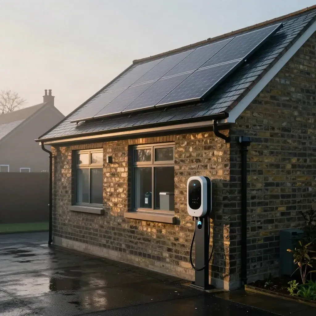 London home with solar panels, battery cabinet and EV charger in dawn mist