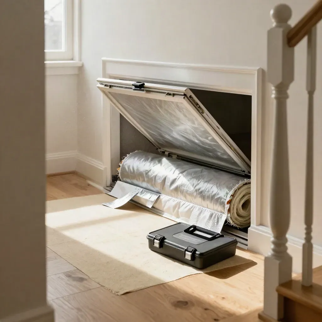 Open loft hatch, insulation, reflector panels and audit kit in a sunlit hallway.