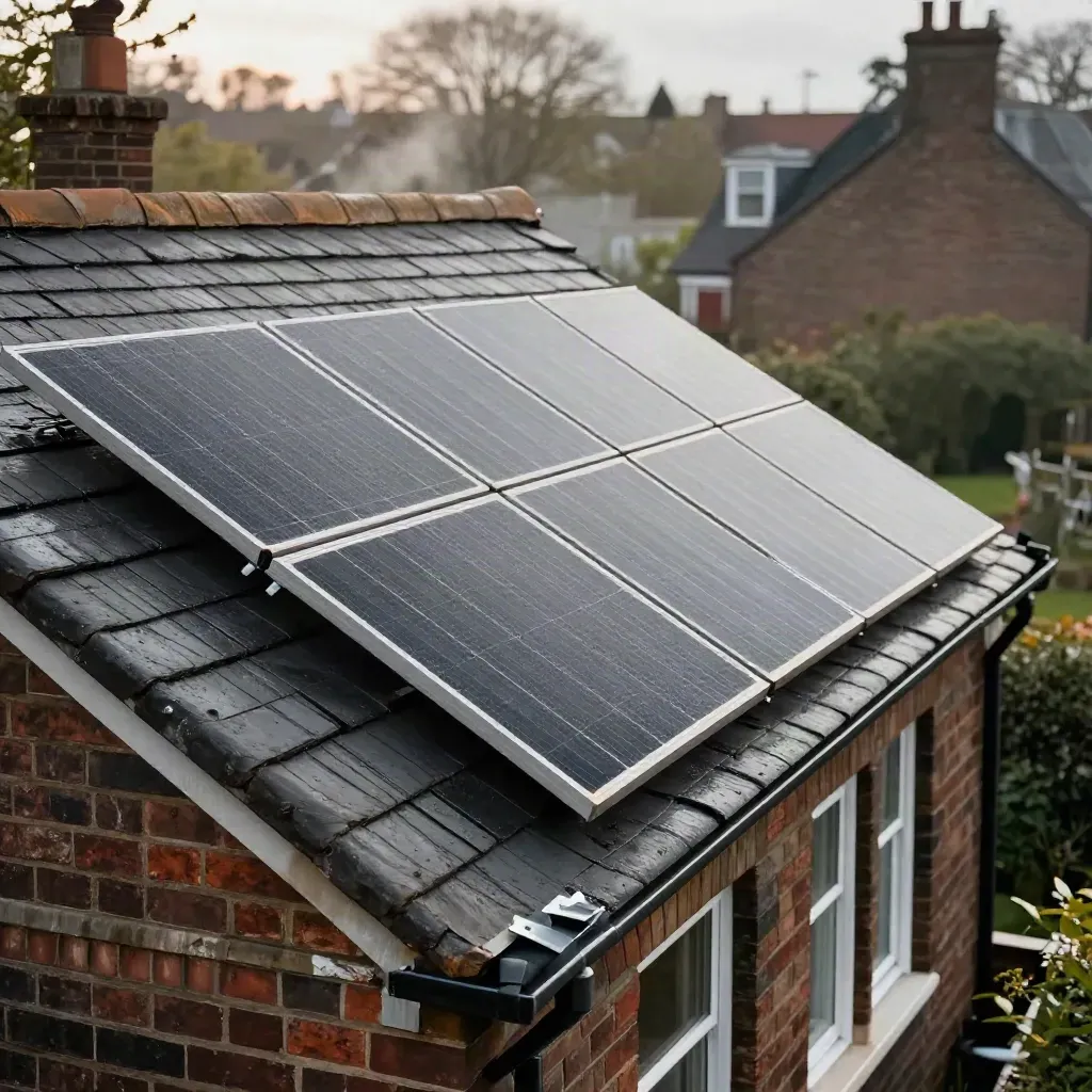 Rain-beaded solar panels on a Victorian terrace roof with steam and garden foliage