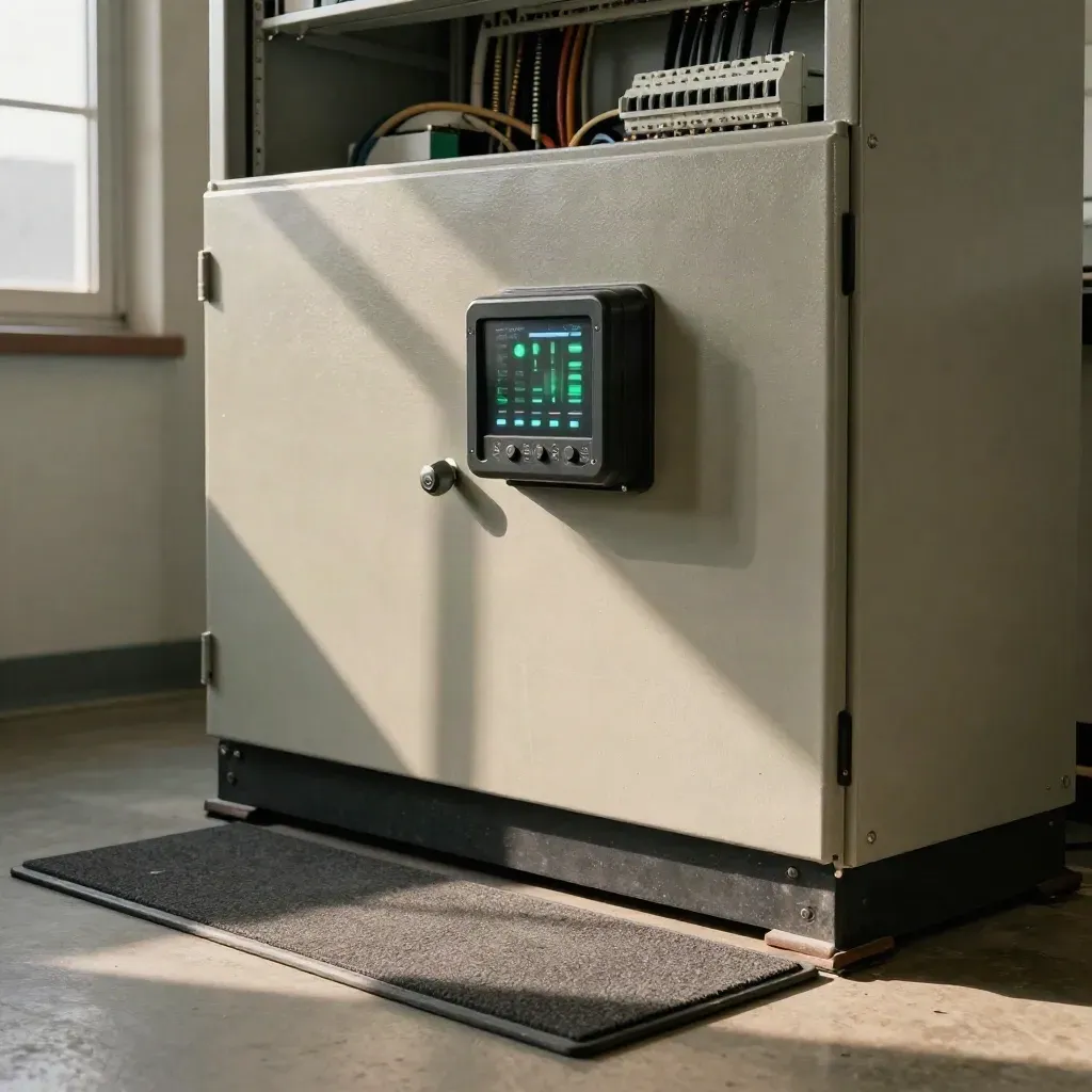 Closed battery inverter with monitoring hub and fuse case on a plant room floor, lit by a green status glow.
