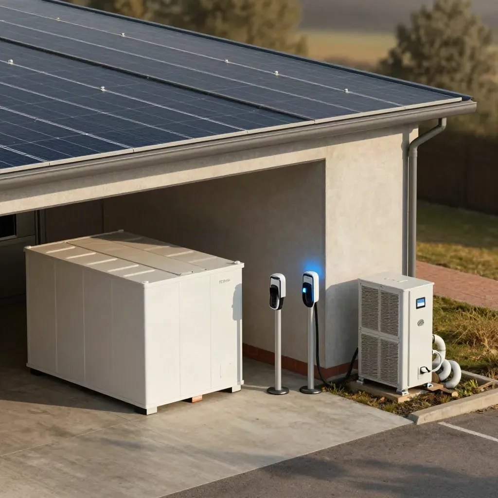 Warehouse decarbonisation yard with solar roof edge, battery container, EV bays and heat pump plant.