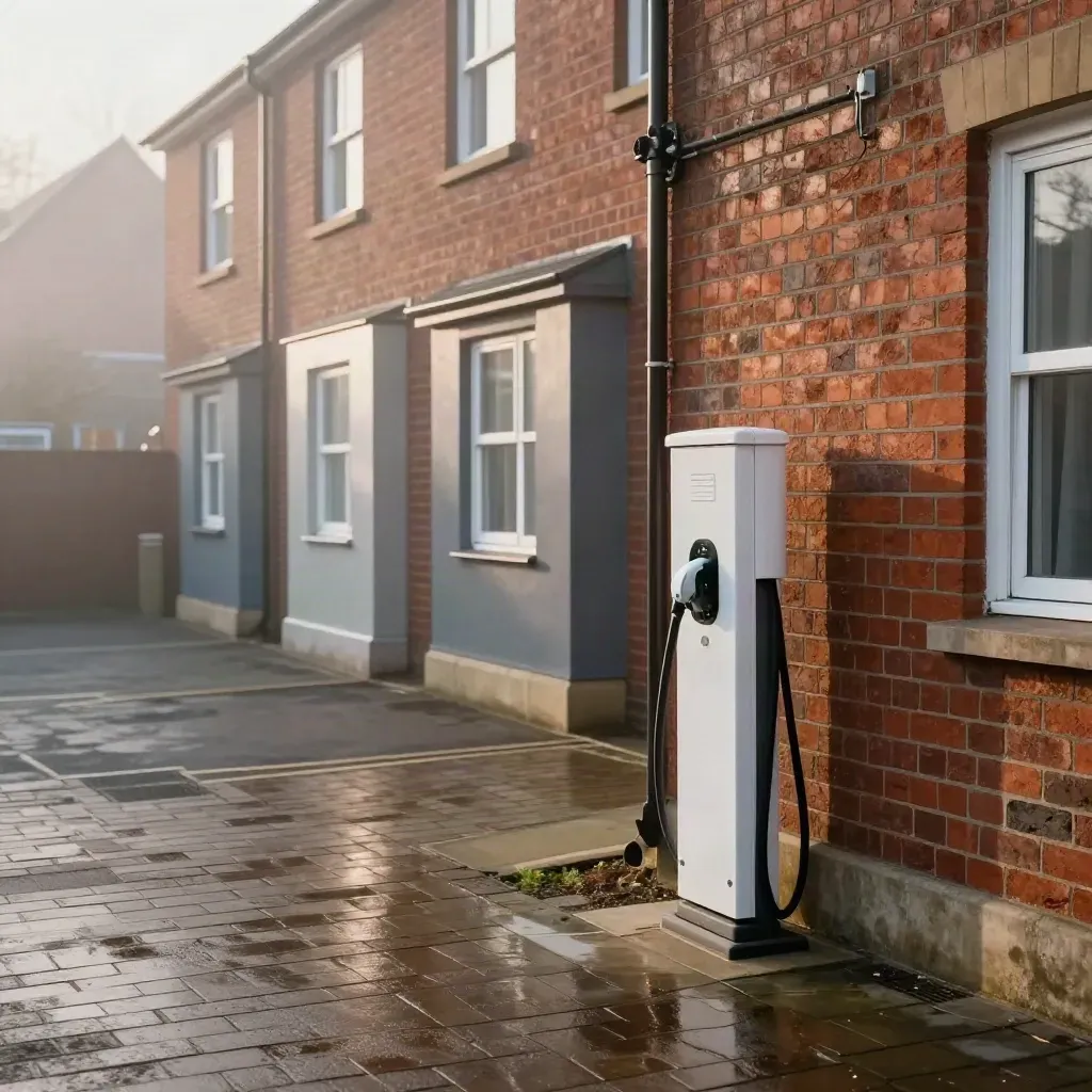 Red-brick courtyard EV charger beside three shared bays in soft morning mist