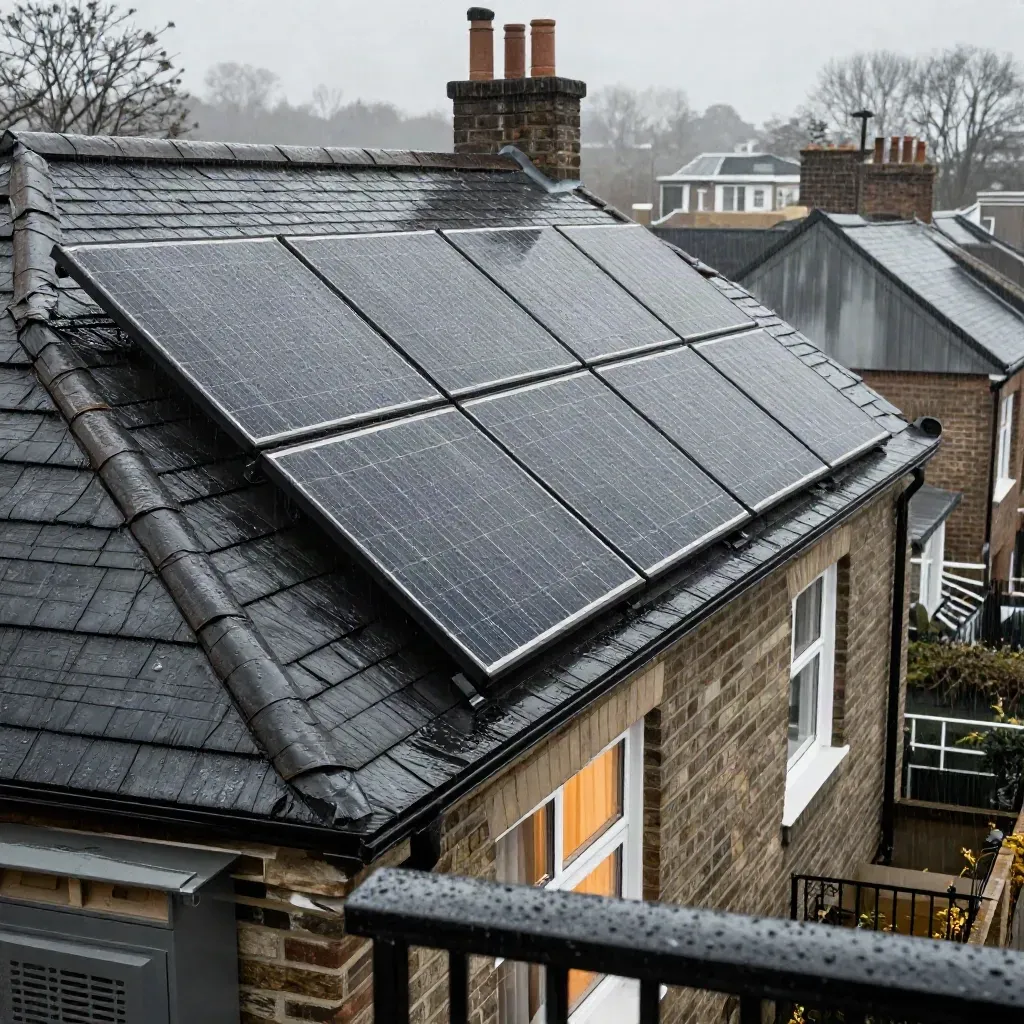 Chelsea townhouse roof with solar panels above wet brick mews in rain