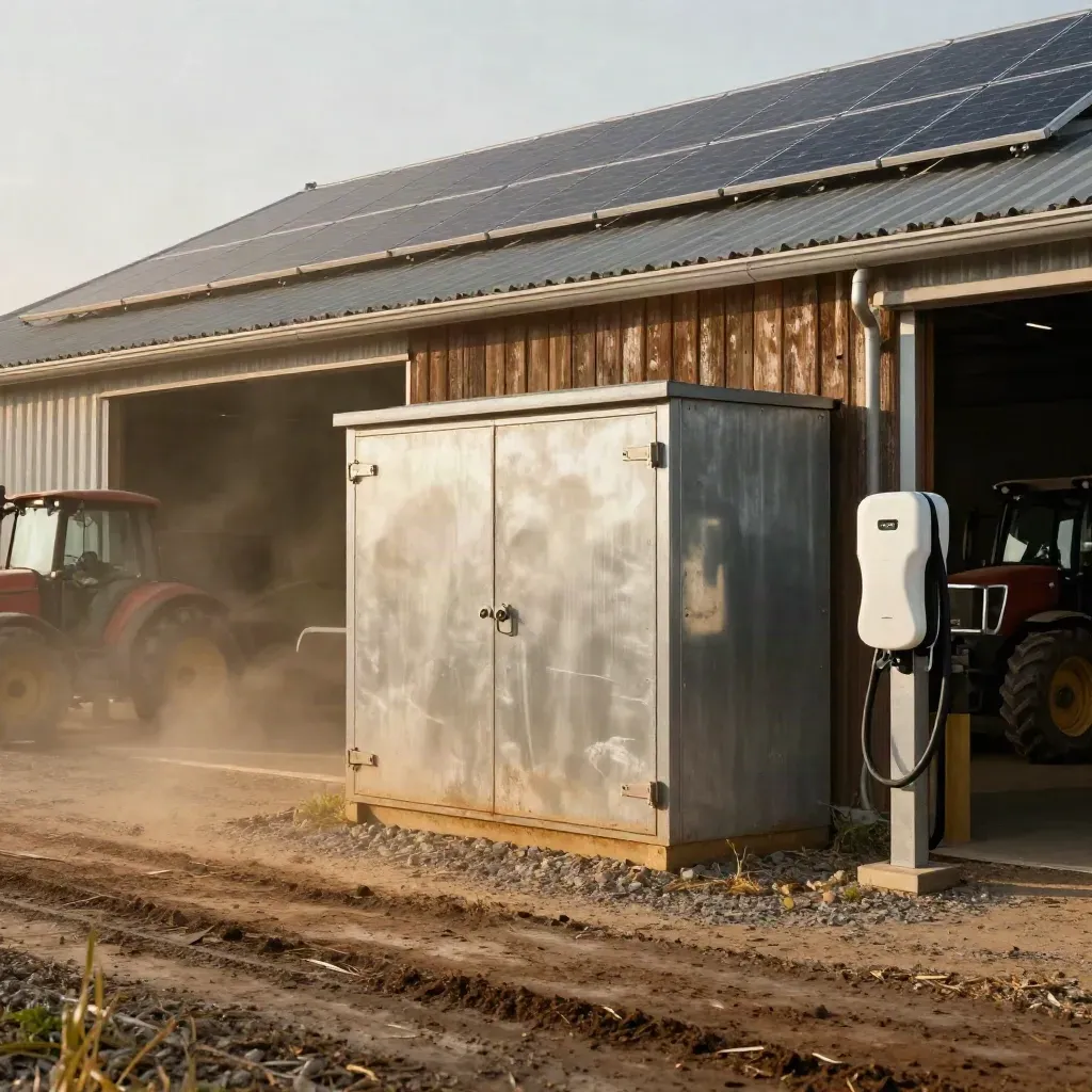 Farmyard solar roof, battery cabinet and yard charger in moody low light.