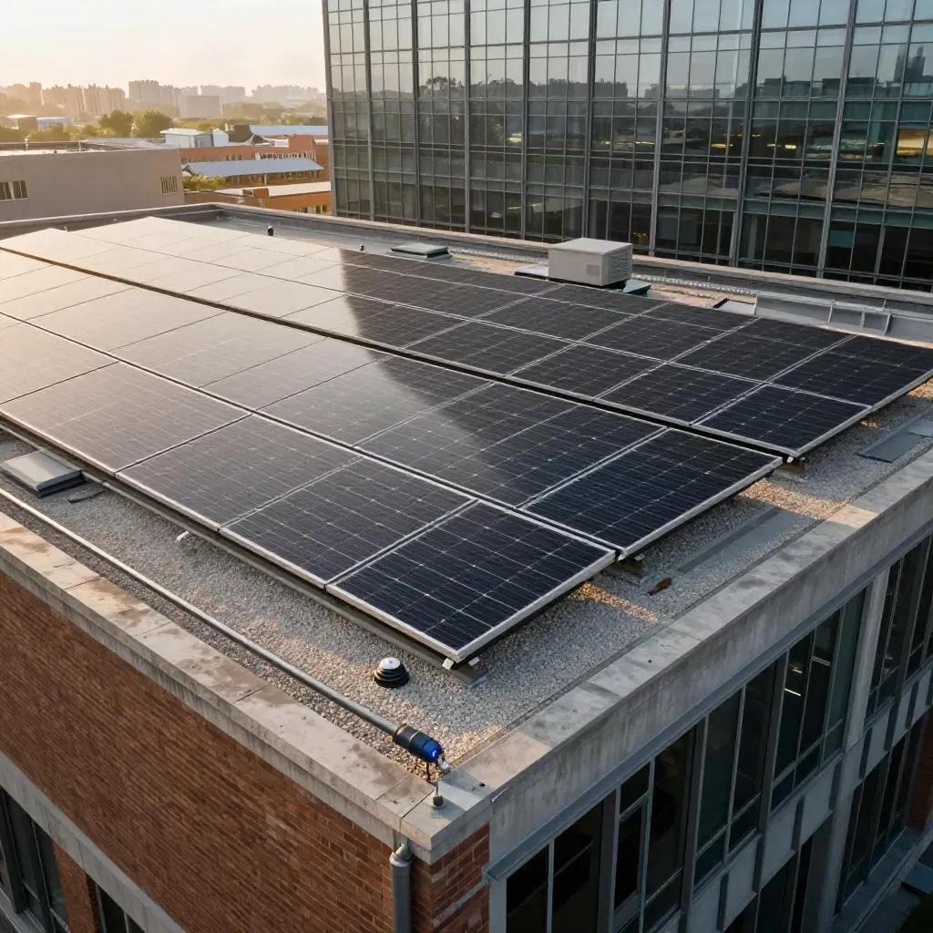Rooftop solar array on a Reading office block in warm late-afternoon light