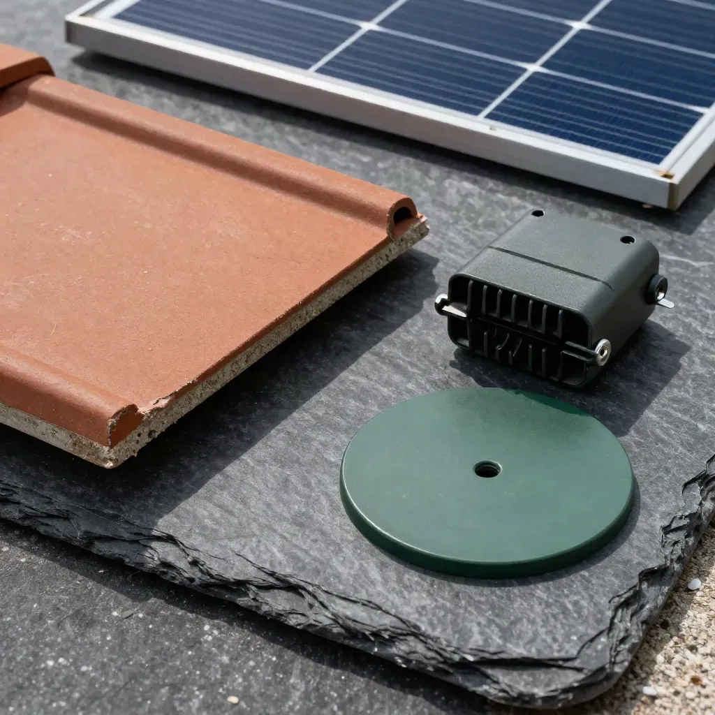 Solar design tools on slate: tile sample, module corner, inverter shell and green site marker.